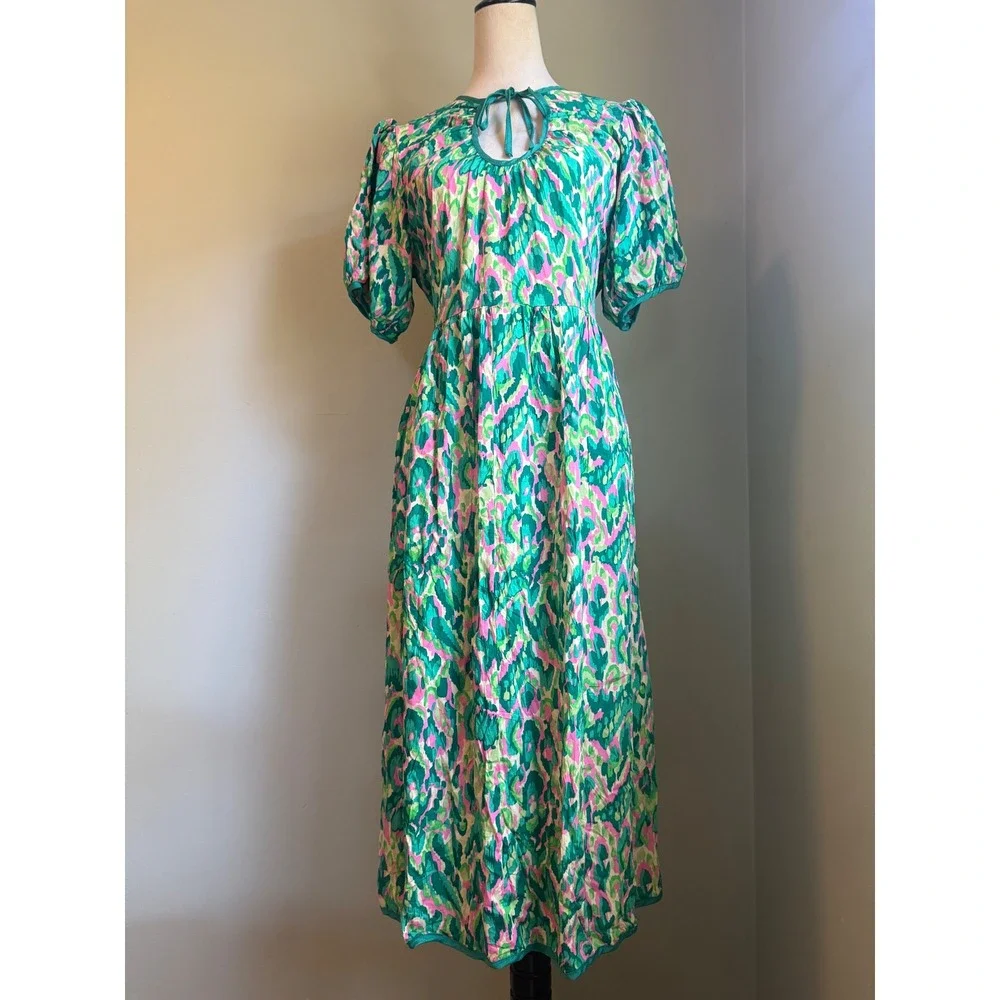 Green Pink Midi Dress Keyhole boho cottage whimsi fairy Y2K  Puff Sleeve Rayon L - Picture 2 of 7